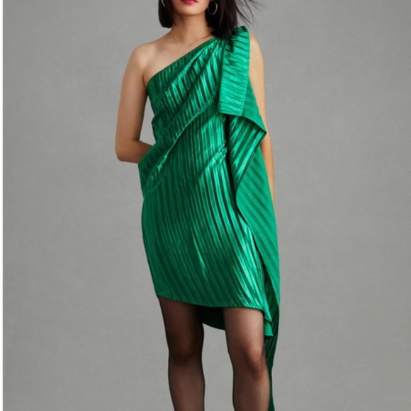 NWT Anthropologie Guapa 2 One Shoulder Mini Dress Green Metallic Cocktail 260$